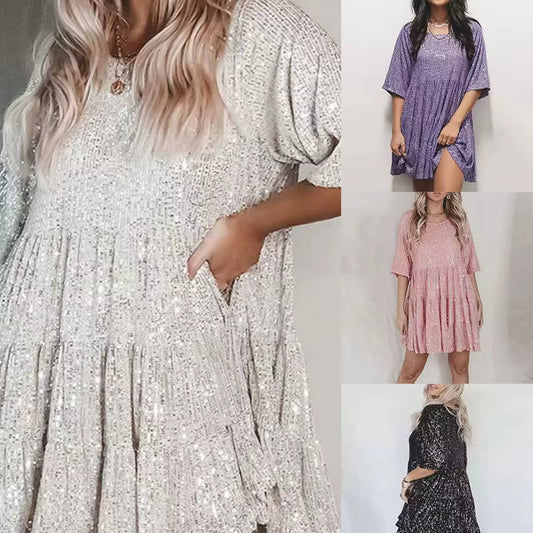 Plus-Size Elegant Fashion Sequins round Neck Loose Short-Sleeved Dress Dinner Dress Plus-Size Women'S Clothing