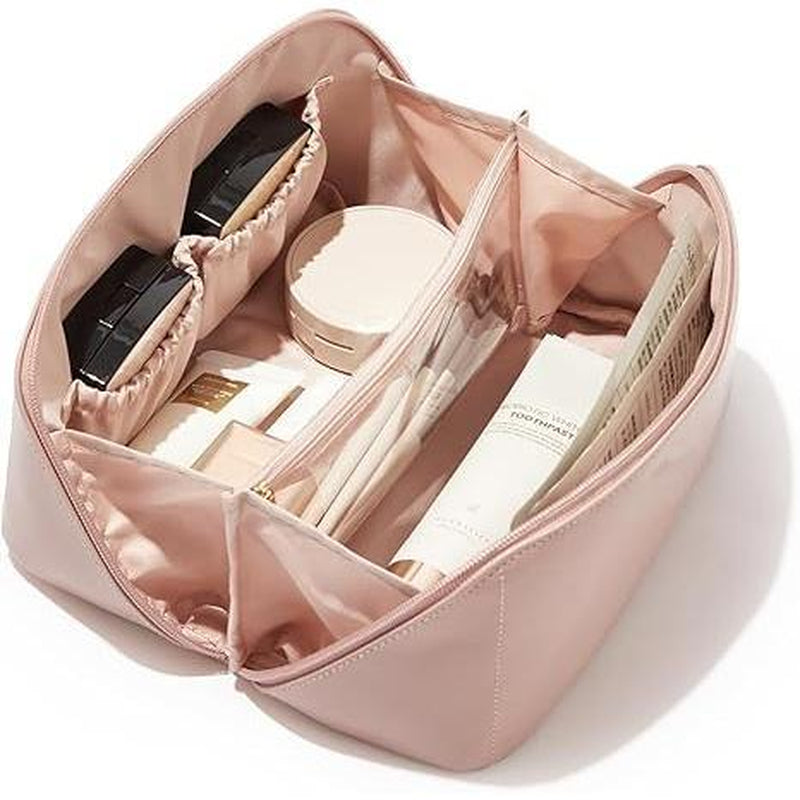 Travel Makeup Bag, Large Capacity Cosmetic Bags for Women, Waterproof Portable Pouch Open Flat Toiletry Bag Make up Organizer with Divider and Handle
