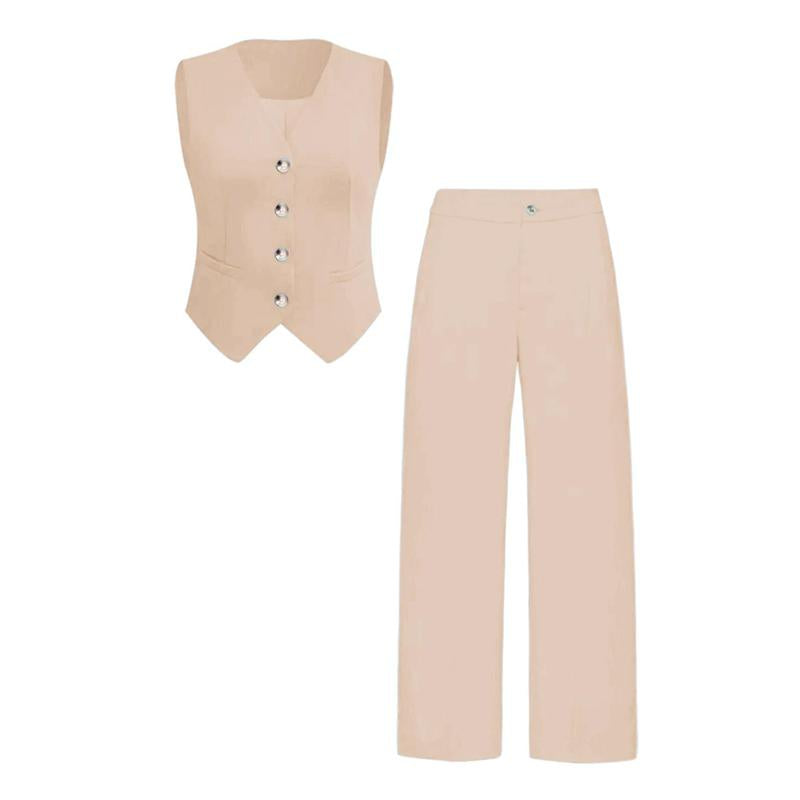 Katchme Women'S Commuter Plain V Neck Button-Up Tank Top & High Waist Trousers Co-Ord, Summer Sets, Versatile Two-Piece Outfits, Casual Womenswear