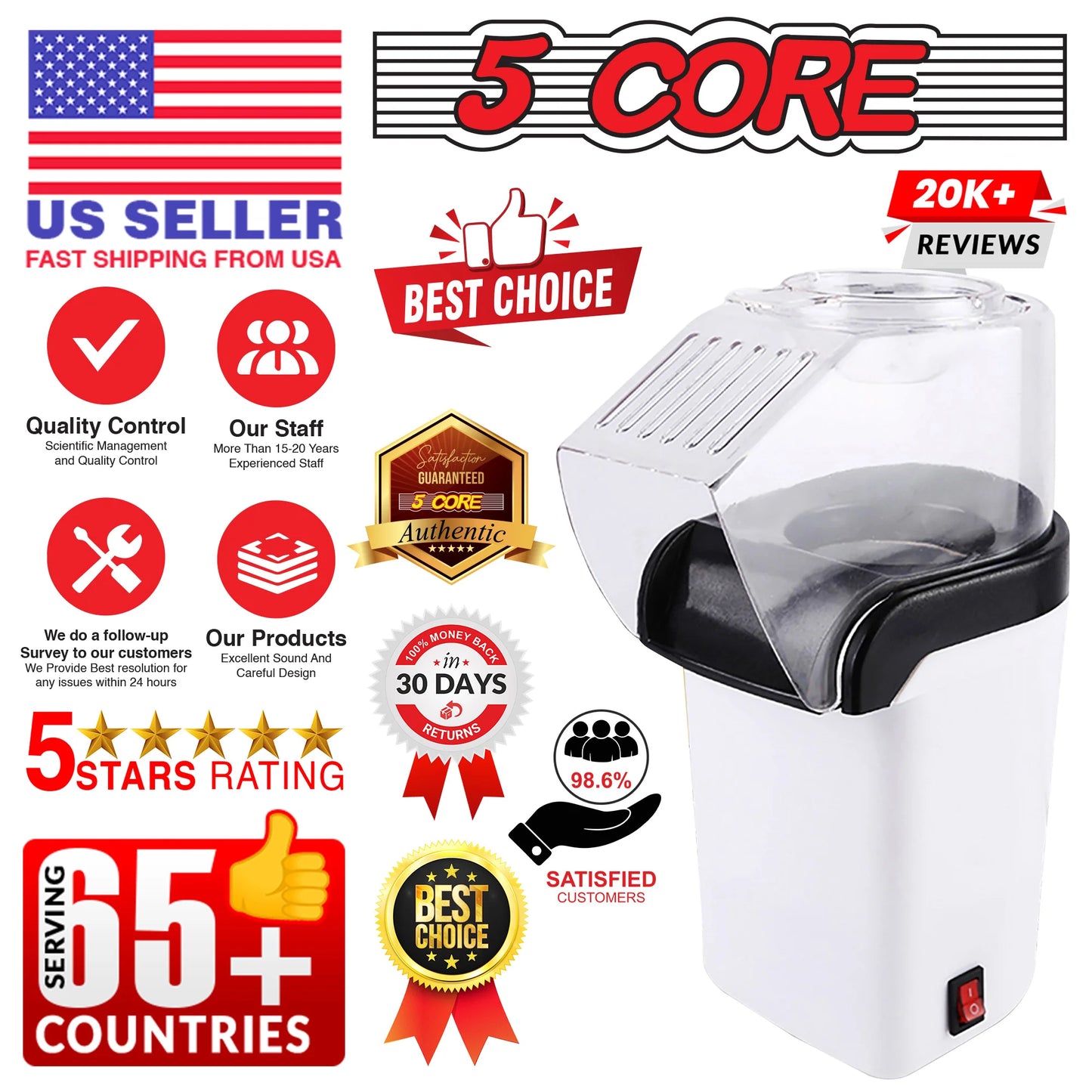 5 Core Popcorn Machine 16 Cup Hot Air Popper Mini Portable Electric Pop Corn Maker White