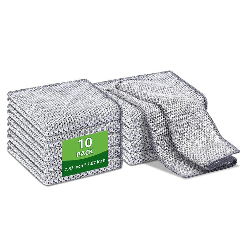 10 Counts Dishwashing Rags, Multipurpose Non-Scratch Wire Cloths for Wet and Dry Use, Reusable Kitchen Cleaning Cloths, Silver Removable, Washable