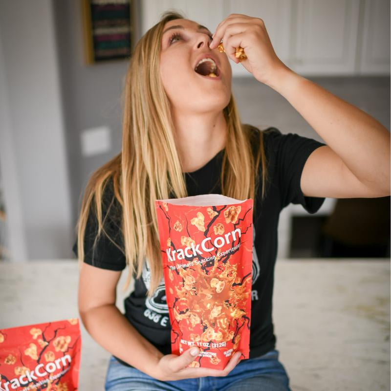 Krackcorn Popcorn Large 6-Pack Bundle + a FREE Bag! Three Flavors. Original Caramel. Cheddar Cheese. Jalapeno Heat. Award Winning Snack. Family Business. Gluten Free. Non-Gmo Corn. No High Fructose.