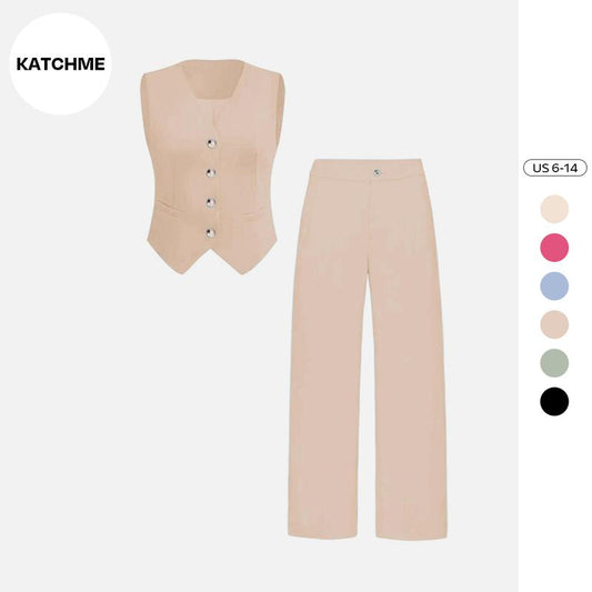 Katchme Women'S Commuter Plain V Neck Button-Up Tank Top & High Waist Trousers Co-Ord, Summer Sets, Versatile Two-Piece Outfits, Casual Womenswear