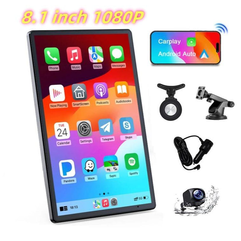 New 8.1-Inch Portable Carplay and Android Auto In- Smart Display, Audio Receiver, with Mirror Link, Bluetooth Connection, Voice Control, and GPS Navigation Supporting . Gifts for Men, Wireless Car Tablet Radio Ultimate Portable Car Play Adapter