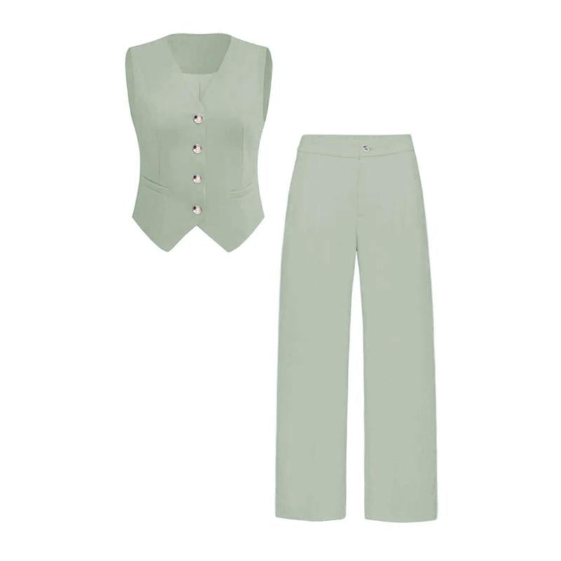 Katchme Women'S Commuter Plain V Neck Button-Up Tank Top & High Waist Trousers Co-Ord, Summer Sets, Versatile Two-Piece Outfits, Casual Womenswear