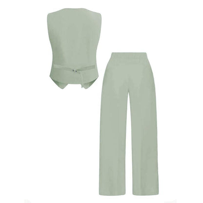 Katchme Women'S Commuter Plain V Neck Button-Up Tank Top & High Waist Trousers Co-Ord, Summer Sets, Versatile Two-Piece Outfits, Casual Womenswear