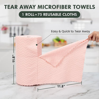 How'S My House Microfiber Cleaning Cloth Roll -75 Pack, Tear Away Microfiber Towels, 12" X 12", Reusable, Washable, Scratch Free, Ultra Absorbent Dish Rags for Car, Home, Garage or Shop