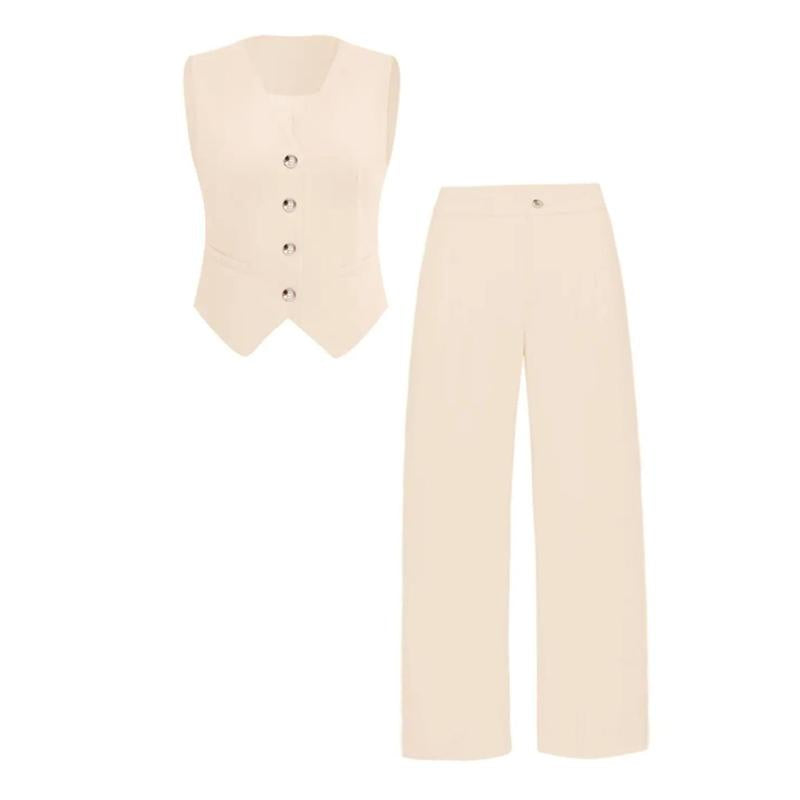 Katchme Women'S Commuter Plain V Neck Button-Up Tank Top & High Waist Trousers Co-Ord, Summer Sets, Versatile Two-Piece Outfits, Casual Womenswear