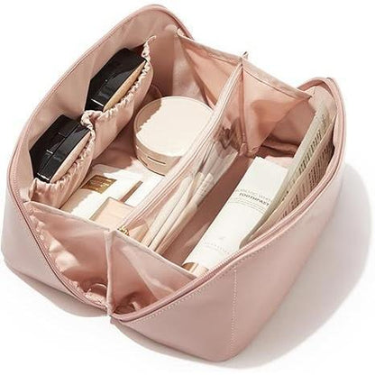Travel Makeup Bag, Large Capacity Cosmetic Bags for Women, Waterproof Portable Pouch Open Flat Toiletry Bag Make up Organizer with Divider and Handle