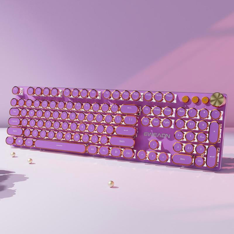 EWEADN V20 Typewriter Wireless Mechanical Keyboard, White Backlit, Steampunk Design, Metal Knob, Triple-Mode Gaming Keyboard