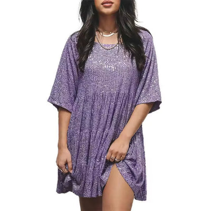 Plus-Size Elegant Fashion Sequins round Neck Loose Short-Sleeved Dress Dinner Dress Plus-Size Women'S Clothing