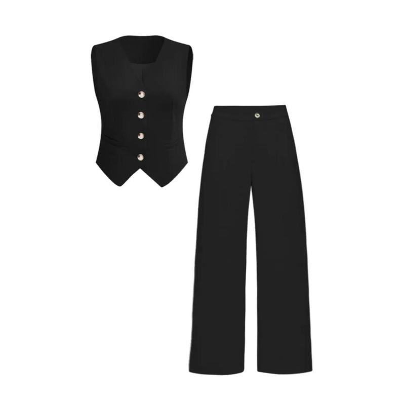 Katchme Women'S Commuter Plain V Neck Button-Up Tank Top & High Waist Trousers Co-Ord, Summer Sets, Versatile Two-Piece Outfits, Casual Womenswear