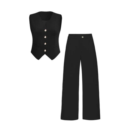 Katchme Women'S Commuter Plain V Neck Button-Up Tank Top & High Waist Trousers Co-Ord, Summer Sets, Versatile Two-Piece Outfits, Casual Womenswear