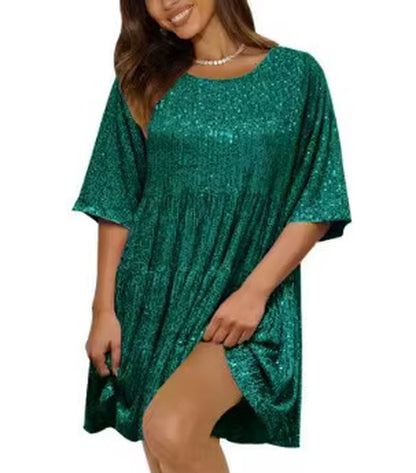 Plus-Size Elegant Fashion Sequins round Neck Loose Short-Sleeved Dress Dinner Dress Plus-Size Women'S Clothing