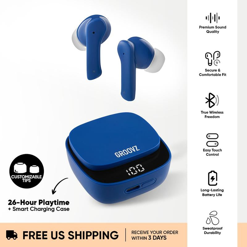 Groovz True Wireless Earbuds | 26-Hour Playtime + Smart Charging Case
