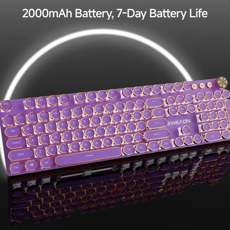 EWEADN V20 Typewriter Wireless Mechanical Keyboard, White Backlit, Steampunk Design, Metal Knob, Triple-Mode Gaming Keyboard