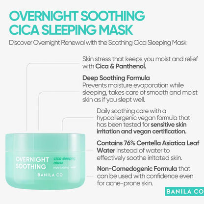 Banila Co Overnight Soothing Cica Sleeping Mask | Centella Asiatica Water for Calming Skin | Panthenol for Intense Hydration | Korean Facial Skincare Non-Comedogenic | Vegan |