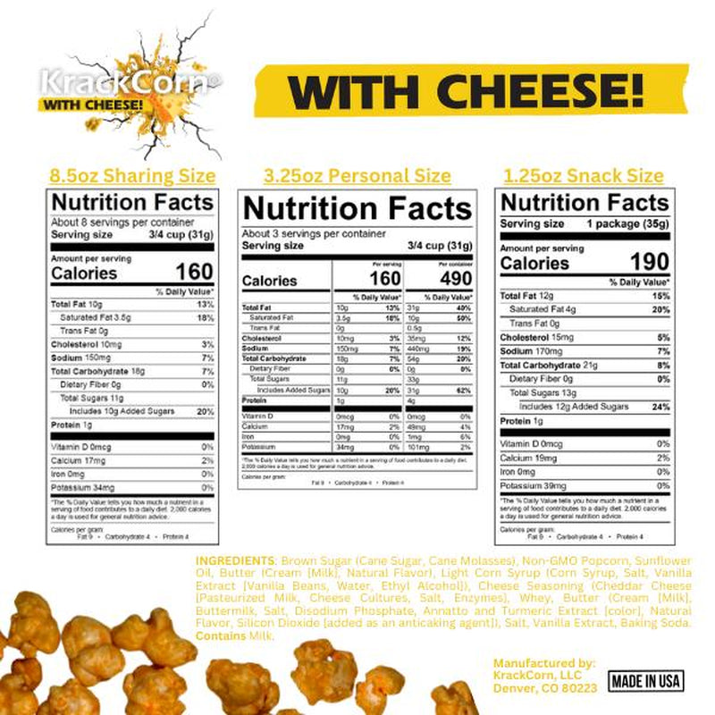 Krackcorn Popcorn Large 6-Pack Bundle + a FREE Bag! Three Flavors. Original Caramel. Cheddar Cheese. Jalapeno Heat. Award Winning Snack. Family Business. Gluten Free. Non-Gmo Corn. No High Fructose.