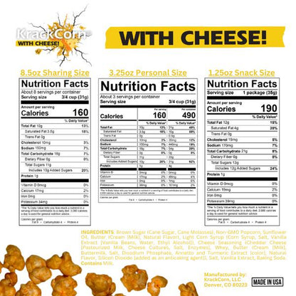 Krackcorn Popcorn Large 6-Pack Bundle + a FREE Bag! Three Flavors. Original Caramel. Cheddar Cheese. Jalapeno Heat. Award Winning Snack. Family Business. Gluten Free. Non-Gmo Corn. No High Fructose.