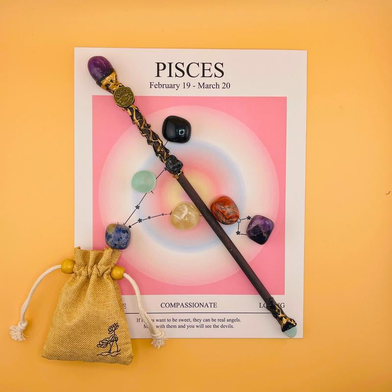 [Magic Crystal] Zodiac Crystal Magic Wand (With No Light) and Zodiac Crystal Stones Set - Handcrafted Wand & Constellation Stones - Cosplay, Magic Props, Gemstone Collection, Party Supplies, Fun Fidget Toy, Holiday Decor - Gift for Christmas, New Year