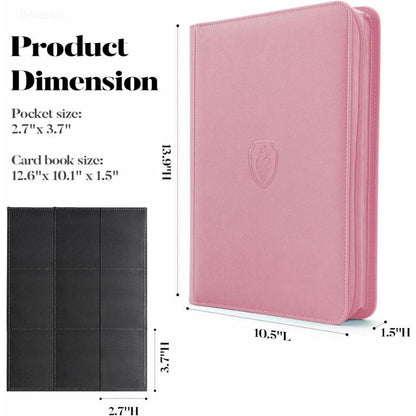 9-Pocket PU Cover Zipper Trading Card Collection Album - Sturdy 360 Side-Loading Binder for MTG, TCG, Sports Cards (Pink)