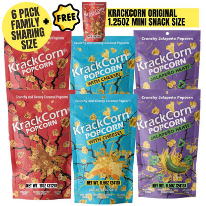 Krackcorn Popcorn Large 6-Pack Bundle + a FREE Bag! Three Flavors. Original Caramel. Cheddar Cheese. Jalapeno Heat. Award Winning Snack. Family Business. Gluten Free. Non-Gmo Corn. No High Fructose.
