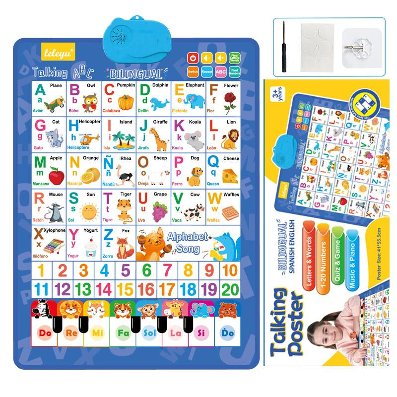 Kids' English-Spanish Alphabet Poster - Fun Bilingual Learning for ABC & Basic Vocabulary with Number Chart, Perfect for Early Education Educational Language Learning Toy