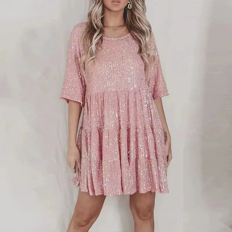 Plus-Size Elegant Fashion Sequins round Neck Loose Short-Sleeved Dress Dinner Dress Plus-Size Women'S Clothing
