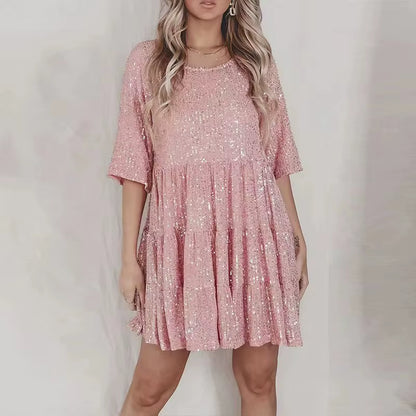 Plus-Size Elegant Fashion Sequins round Neck Loose Short-Sleeved Dress Dinner Dress Plus-Size Women'S Clothing