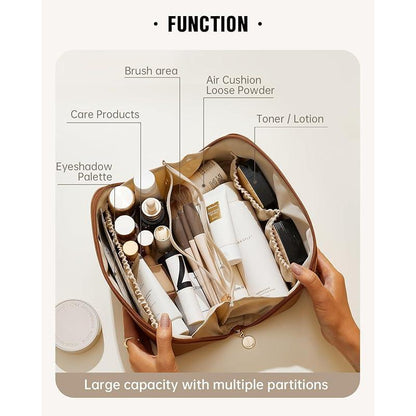 Travel Makeup Bag, Large Capacity Cosmetic Bags for Women, Waterproof Portable Pouch Open Flat Toiletry Bag Make up Organizer with Divider and Handle