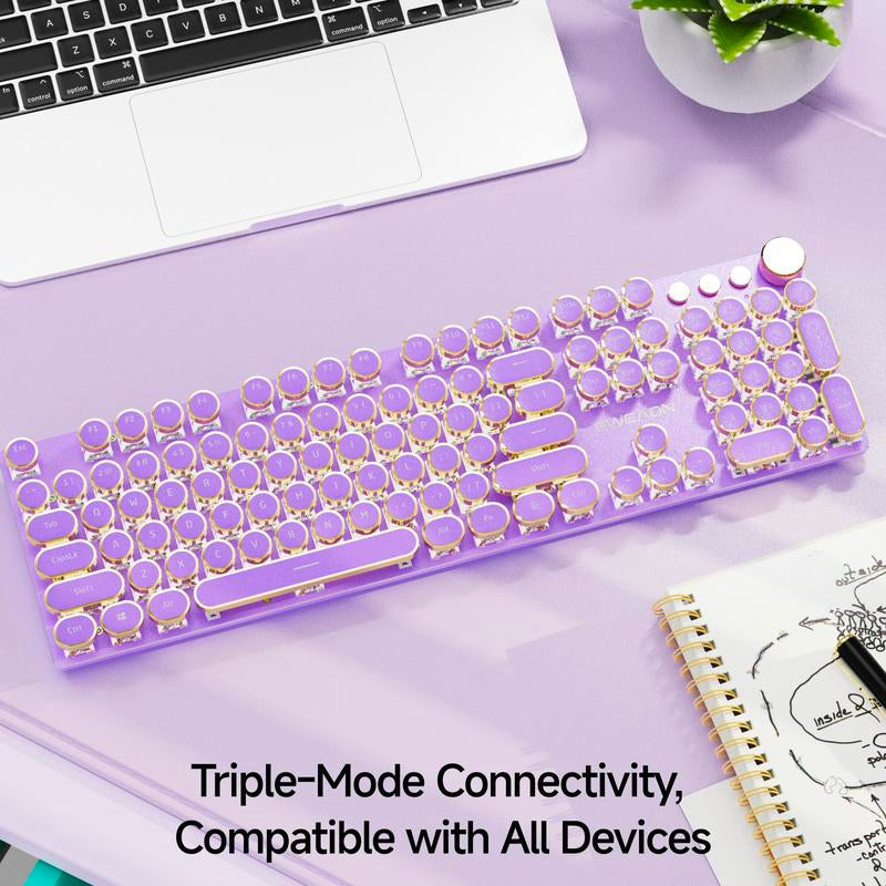 EWEADN V20 Typewriter Wireless Mechanical Keyboard, White Backlit, Steampunk Design, Metal Knob, Triple-Mode Gaming Keyboard