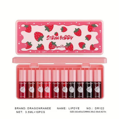 Strawberry Dyed Velvet Lipstick Set, Long Lasting Liquid Lip Gloss, Moisturizing Lip Stain, Suitable for All Occasions Lip Makeup, Girls and Women Makeup Accessories, Christmas, Christmas Gift