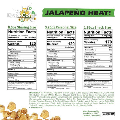 Krackcorn Popcorn Large 6-Pack Bundle + a FREE Bag! Three Flavors. Original Caramel. Cheddar Cheese. Jalapeno Heat. Award Winning Snack. Family Business. Gluten Free. Non-Gmo Corn. No High Fructose.