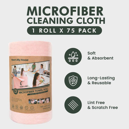How'S My House Microfiber Cleaning Cloth Roll -75 Pack, Tear Away Microfiber Towels, 12" X 12", Reusable, Washable, Scratch Free, Ultra Absorbent Dish Rags for Car, Home, Garage or Shop