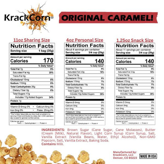 Krackcorn Popcorn Large 6-Pack Bundle + a FREE Bag! Three Flavors. Original Caramel. Cheddar Cheese. Jalapeno Heat. Award Winning Snack. Family Business. Gluten Free. Non-Gmo Corn. No High Fructose.