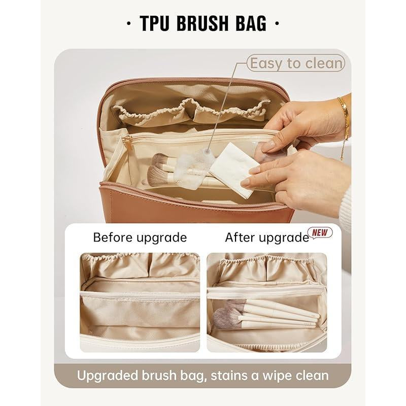 Travel Makeup Bag, Large Capacity Cosmetic Bags for Women, Waterproof Portable Pouch Open Flat Toiletry Bag Make up Organizer with Divider and Handle