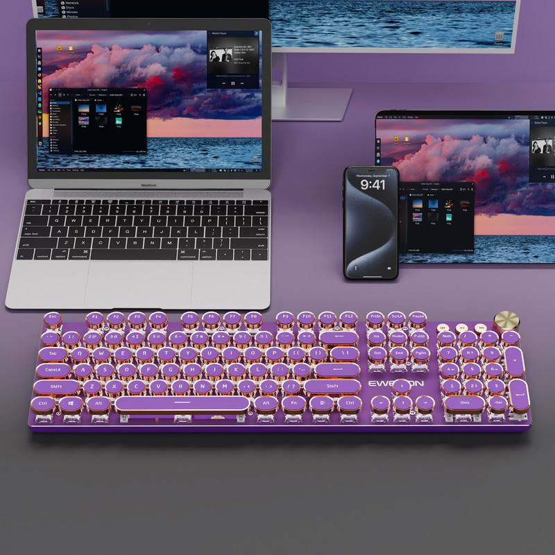 EWEADN V20 Typewriter Wireless Mechanical Keyboard, White Backlit, Steampunk Design, Metal Knob, Triple-Mode Gaming Keyboard