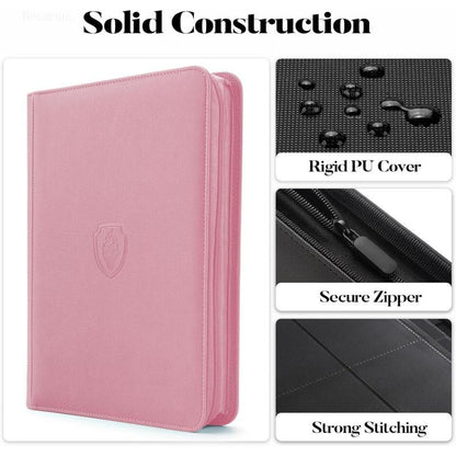 9-Pocket PU Cover Zipper Trading Card Collection Album - Sturdy 360 Side-Loading Binder for MTG, TCG, Sports Cards (Pink)