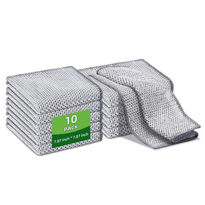 10 Counts Dishwashing Rags, Multipurpose Non-Scratch Wire Cloths for Wet and Dry Use, Reusable Kitchen Cleaning Cloths, Silver Removable, Washable