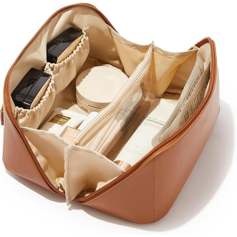 Travel Makeup Bag, Large Capacity Cosmetic Bags for Women, Waterproof Portable Pouch Open Flat Toiletry Bag Make up Organizer with Divider and Handle