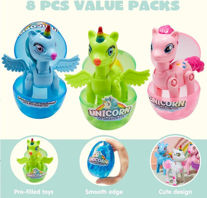 8 Pack Pre Filled 3.5" Easter Egg with Unicorn Deformation Toys, Easter Party Favor for Girls Toddlers Kids Egg Hunt, Basket Stuffers Filler, Classroom Prize Supplies