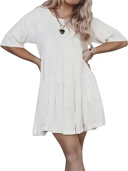 Plus-Size Elegant Fashion Sequins round Neck Loose Short-Sleeved Dress Dinner Dress Plus-Size Women'S Clothing