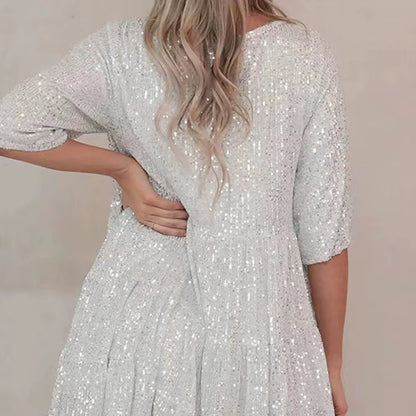 Plus-Size Elegant Fashion Sequins round Neck Loose Short-Sleeved Dress Dinner Dress Plus-Size Women'S Clothing
