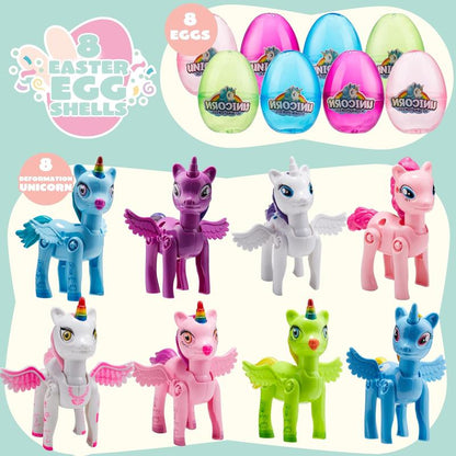 8 Pack Pre Filled 3.5" Easter Egg with Unicorn Deformation Toys, Easter Party Favor for Girls Toddlers Kids Egg Hunt, Basket Stuffers Filler, Classroom Prize Supplies