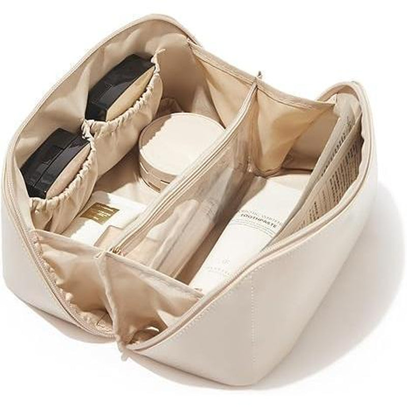 Travel Makeup Bag, Large Capacity Cosmetic Bags for Women, Waterproof Portable Pouch Open Flat Toiletry Bag Make up Organizer with Divider and Handle