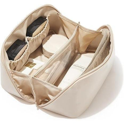 Travel Makeup Bag, Large Capacity Cosmetic Bags for Women, Waterproof Portable Pouch Open Flat Toiletry Bag Make up Organizer with Divider and Handle