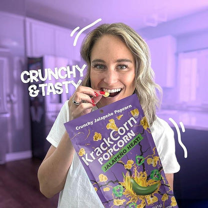 Krackcorn Popcorn Large 6-Pack Bundle + a FREE Bag! Three Flavors. Original Caramel. Cheddar Cheese. Jalapeno Heat. Award Winning Snack. Family Business. Gluten Free. Non-Gmo Corn. No High Fructose.