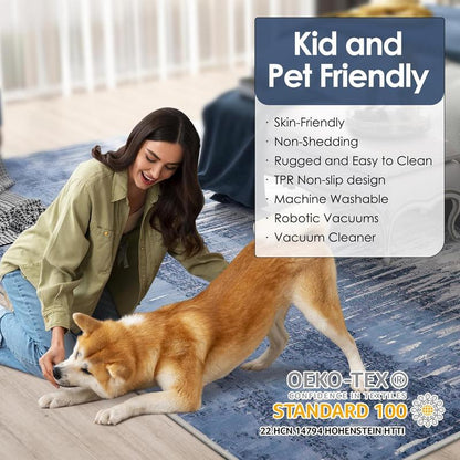 Washable Area Rug, Area Rug for Living Room, Soft Area Rug for Bedroom, Abstract Design, Stain Resistant Rugs, TPR Anti-Slip Backing, Non Shedding, Blue Area Rug