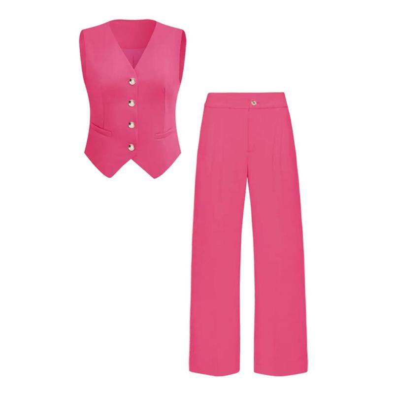 Katchme Women'S Commuter Plain V Neck Button-Up Tank Top & High Waist Trousers Co-Ord, Summer Sets, Versatile Two-Piece Outfits, Casual Womenswear