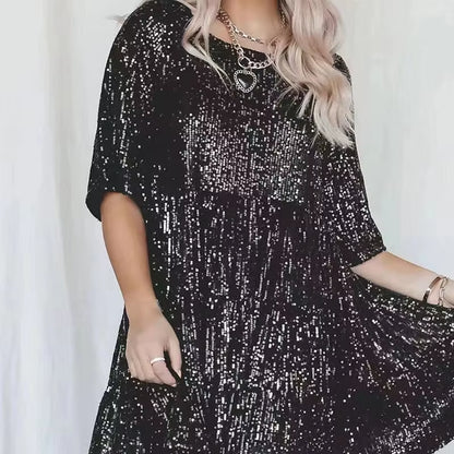 Plus-Size Elegant Fashion Sequins round Neck Loose Short-Sleeved Dress Dinner Dress Plus-Size Women'S Clothing